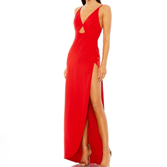 Ieena by Mac Duggal |Red Thin Strap Cutout High Slit V-Neck Gown Dress 27434 - Picture 1 of 12